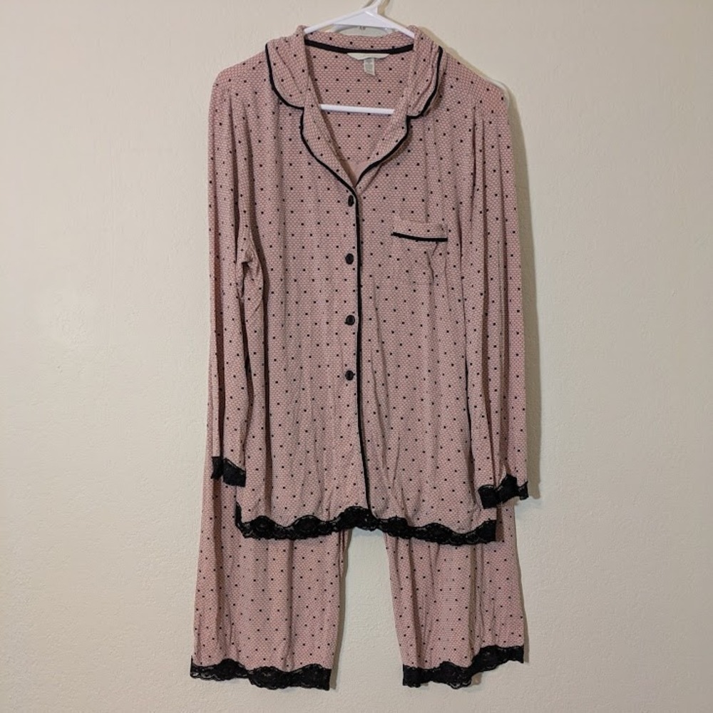 Soma Intimates Pajama Set Women's M/L Pink Polka Dot Button-up 2 Piece Sleepwear